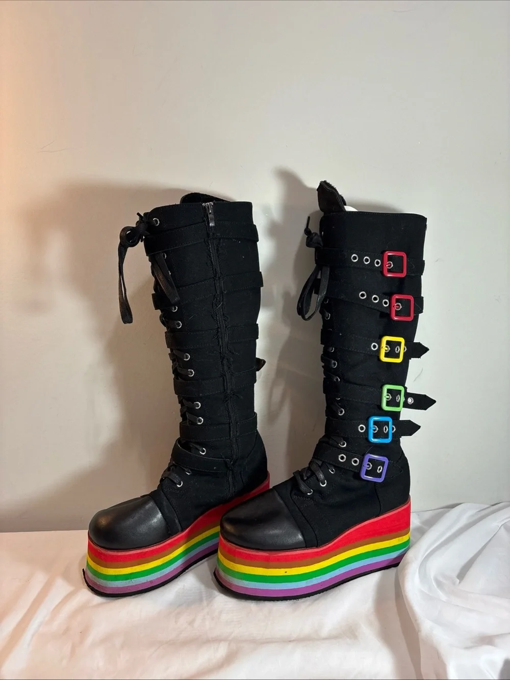 Black Lace-Up Platform Boots with Rainbow Sole